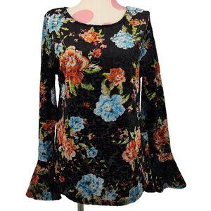 Women's Crece Black Design Crushed Velvet Floral Blouse Shirt Ruffle Sleeve Medi
